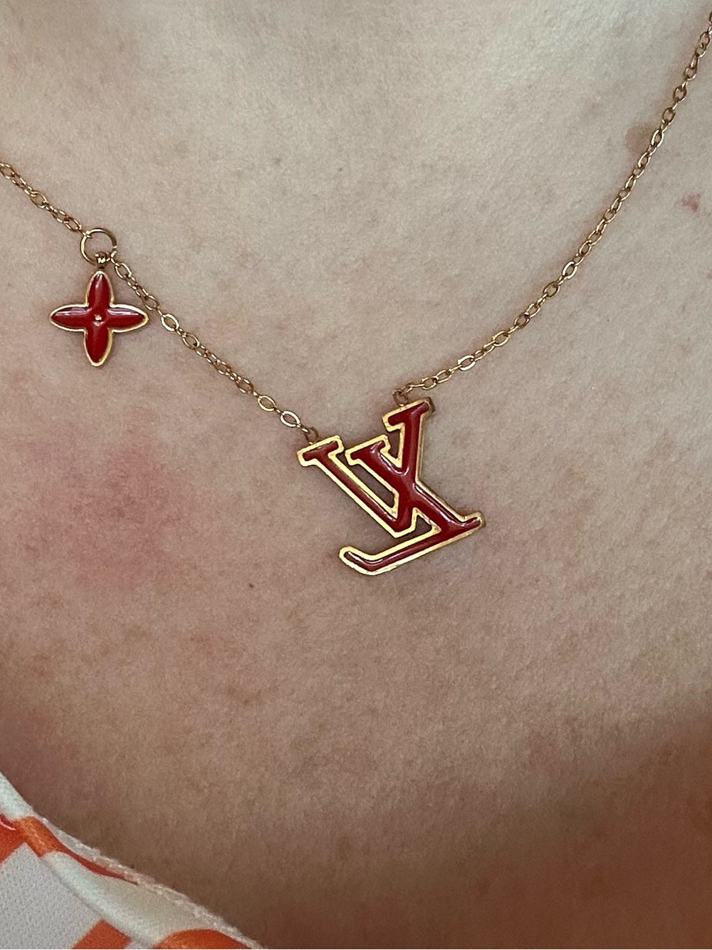 Red & gold LV monogram & charm flower necklace! See video!